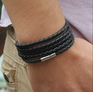 XQNI brand black retro Wrap Long leather bracelet men bangles fashion 5 laps - Picture 1 of 8