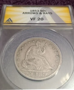 Medio dólar Arrows & Rays Liberty Seated 1853, ANACS VF-20 - Imagen 1 de 4