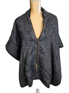 Free People Black Herribone Overside Poncho Sweater Full Zip Closure One Size - Picture 1 of 15
