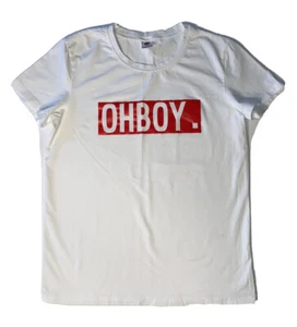 Y T-Shirt Donna Bianca e Rossa "Oh Boy" Citazione Top Elasticizzato Maglietta Media M - Foto 1 di 7