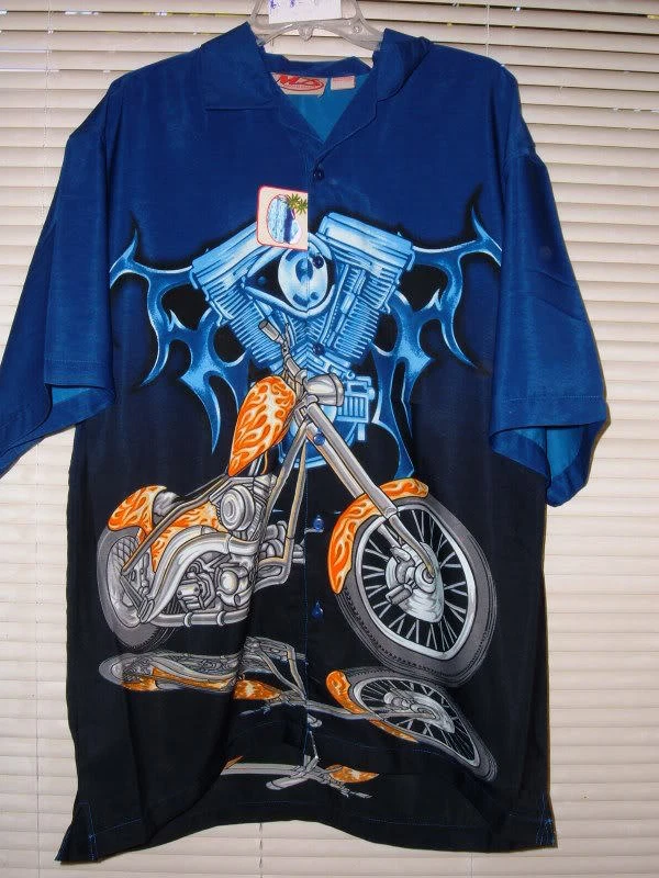 CAMISA HAWAIANA NUEVA CON ETIQUETAS MALIBU DREAMS MOTO NARANJA LLAMA CHOPPER talla S, L o XL Foto 1 de 1