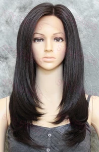 Darkest Brown Long Straight Heat OK Lace Front Human Hair Blend Hair Wig EVEK 2 - Picture 1 of 6