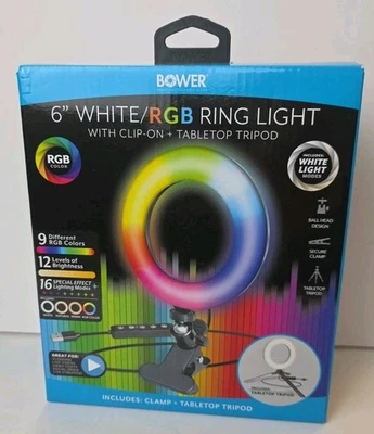 Bower  White/RGB 6" Ring Light With Clip-on +Tabletop Tripod With Remote - Image 1 of 4