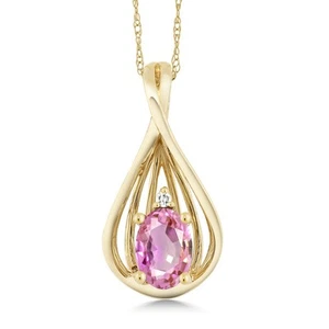 10K Yellow Gold Pink Sapphire and Diamond Teardrop Pendant Necklace For Women - Picture 1 of 4
