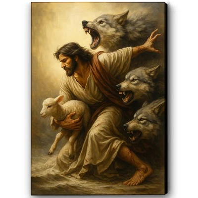 Jesus Protecting The Lamb Canvas Wall Artwork, Christian Poster Religious Decor - Image 1 of 4