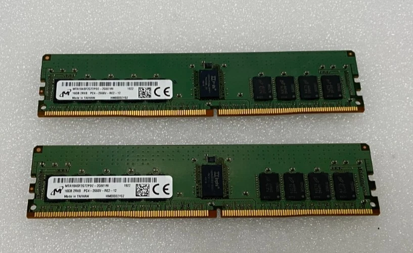 2x Micron MTA18ASF2G72PDZ-2G6E1RI 16GB (32GB) 2Rx8 PC4-2666V DDR4 Server Memory - Image 1 of 1
