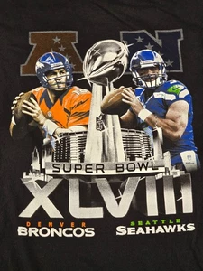 Peyton Manning Russell Wilson Super Bowl T-Shirt  Large Black Broncos Seahawks - Picture 1 of 10
