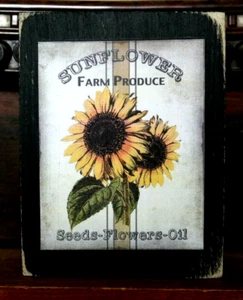 Sunflower Farm Produce Seeds Oil Wooden Farmhouse Shelf Sitter Block 3.5X4.5 - Picture 1 of 2