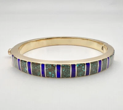 Navajo 14K Gold Spiderweb Bisbee Sugilite Lapis & Opal & Diamond Bangle Bracelet - Image 1 of 4