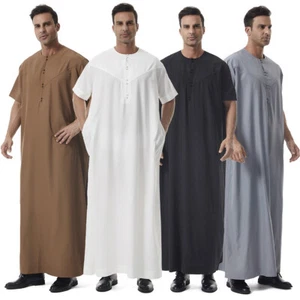 Hombres Thobe Jubba Musulmán Kaftan Islam Ropa Manga Corta Bata Dishdasha Thobe - Imagen 1 de 28
