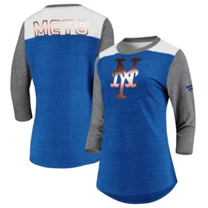 WOMEN'S MLB FANATICS NEW YORK METS ROYAL ICONIC TRI-BLEND 3/4 SLEEVE T-SHIRT XL - Picture 1 of 3