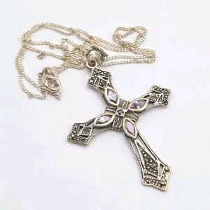 Großer Amethyst Kreuz Anhänger Halskette Sterlingsilber Markasiten Geschenk verpackt - Bild 1 von 10