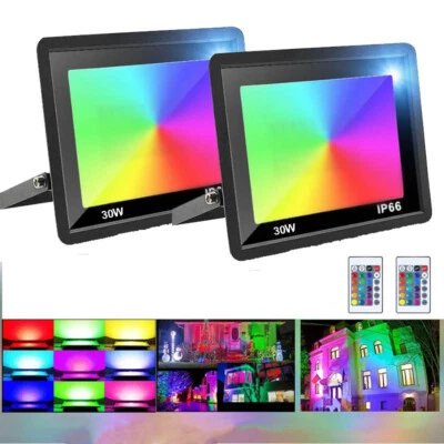 2 Stück LED Fluter Außen Strahler RGB Mit Fernbedienung Scheinwerfer Flutlicht - Bild 1 von 4