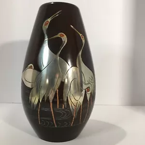 ENGRAVED BRONZE JAPANESE VASE 5 RED EYED CRANES MIXED METALS SILVER ENAMEL 10" - Picture 1 of 12