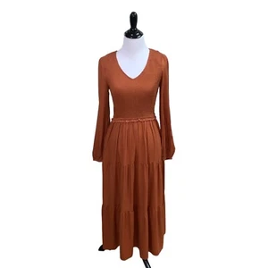 MEROKEETY Women's Boho Midi Dress S Small Long Sleeve V-Neck High Waist Tiered - Picture 1 of 12
