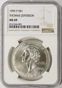 1993-P Thomas Jefferson $1 Commemorative Silver Dollar NGC MS69 - Picture 1 of 4