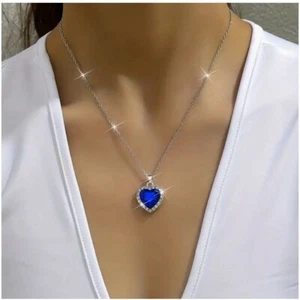 Heart-Shaped Bright Blue Crystal Pendant Necklace With Rhinestones & Silver Tone - Picture 1 of 3