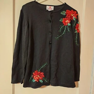 Poinsettia Flower Sequin Cardigan Sweater Quacker Factory Black Christmas Small - Picture 1 of 9