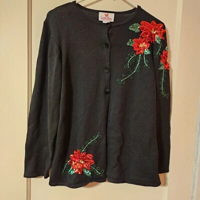 Poinsettia Flower Sequin Cardigan Sweater Quacker Factory Black Christmas Small - Image 1 of 4
