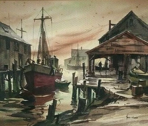 LISTED AMERICAN JOHN C HARE Sd ORIGINAL W/C "HARBOR at DUSK - GLOUCESTER" FRAMED - Picture 1 of 12