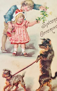 Antica cartolina tedesca 1900 cane antropomorfo simpatico ragazzo ragazza vischio rara - Foto 1 di 3