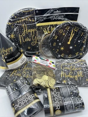 9pc Happy New Year Eve Holiday Party Set Paper Plates Hat Tiara Popper Napkins - Image 1 of 4