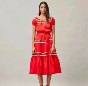 Tory Burch Embroidered Peasant Maxi Dress Red Ruffle Bottom Puff Sleeve Size S - Picture 1 of 10
