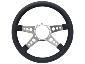 VSW 14 inch Leather Steering Wheel, 9 Bolt 4-Spoke with Holes design 2 inch Dish - Picture 1 of 6