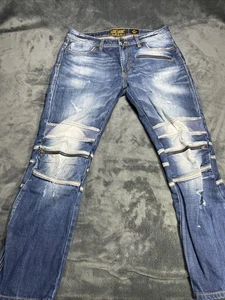 AKOO Jeans Mens 34 x 28 Distressed Grunge Zipper Hip Hop Blue Denim Destroyed - Picture 1 of 10