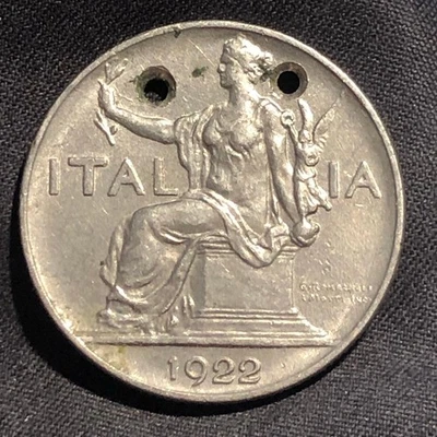 1922 年 R 版意大利 1 里尔镍币 - XF(额外精细)钻孔用于展示 — 第 1/4 张图片