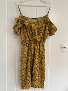 Boohoo. Ladies Summer Dress Size 14 Yellow Floral Wrap, Off The Shoulders - Picture 1 of 6