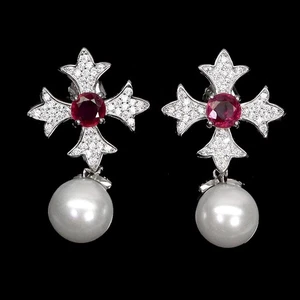 925 Sterling Silver Earrings Round Ruby 5mm Mother Of Pearl Gemstone Jewelry - Picture 1 of 14
