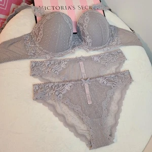 Conjunto de sujetador y bragas VS Dream Angels de 3 piezas talla 34E/mediano ☆ encaje gris punteado - Imagen 1 de 7