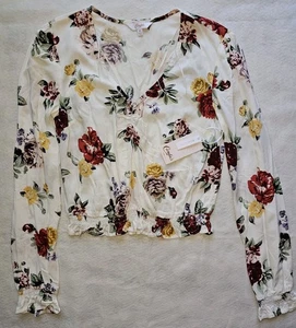 Candie's XS Bluse Damen weiß bunt Blumen Viskose Langarm V-Ausschnitt - Bild 1 von 4
