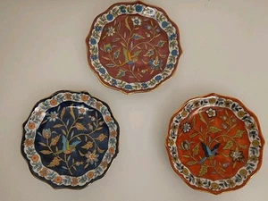 3 Takahashi Hand Decorated Plates 3.5" Red, Orange, Blue USED SRATCHES SEE PICS - Picture 1 of 10