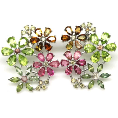 Unheated Green Peridot, Tourmaline & Sapphire Earrings 925 Silver - Image 1 of 4