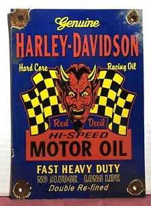 VINTAGE HARLEY DAVIDSON RED DEVIL 10" PORZELLAN MOTORRAD MOTORÖL SCHILD - Bild 1 von 6