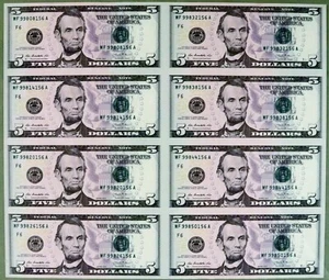 2013 $5 SHEET of 8 GEM CU Federal Res. Bank Notes UNCUT Currency 8 Note LOT NR - Picture 1 of 11