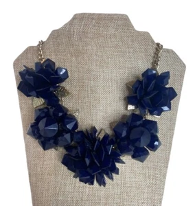 Gold Tone Dark Blue Geometric Beads Flowers Rose Link Statement Choker Necklace - Picture 1 of 12