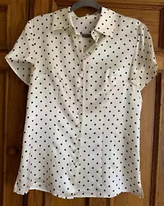 Top in seta J. Peterman taglia 8 avorio e nero a pois manica corta blusa con colletto - Foto 1 di 11