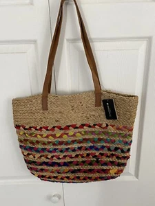 Jute Travel Tote Bag Leather Straps By Magid Large Multi Color & Tan Woven - Picture 1 of 6