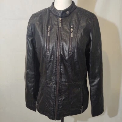 EUC JouJou Black Faux Leather Jacket Coat Large Zip-up Zipper Pockets - Image 1 of 4