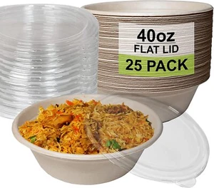 40oz Disposable Paper Bowls with Lids Compostable Heavy Duty Salad Bowl 25pcs - Picture 1 of 9