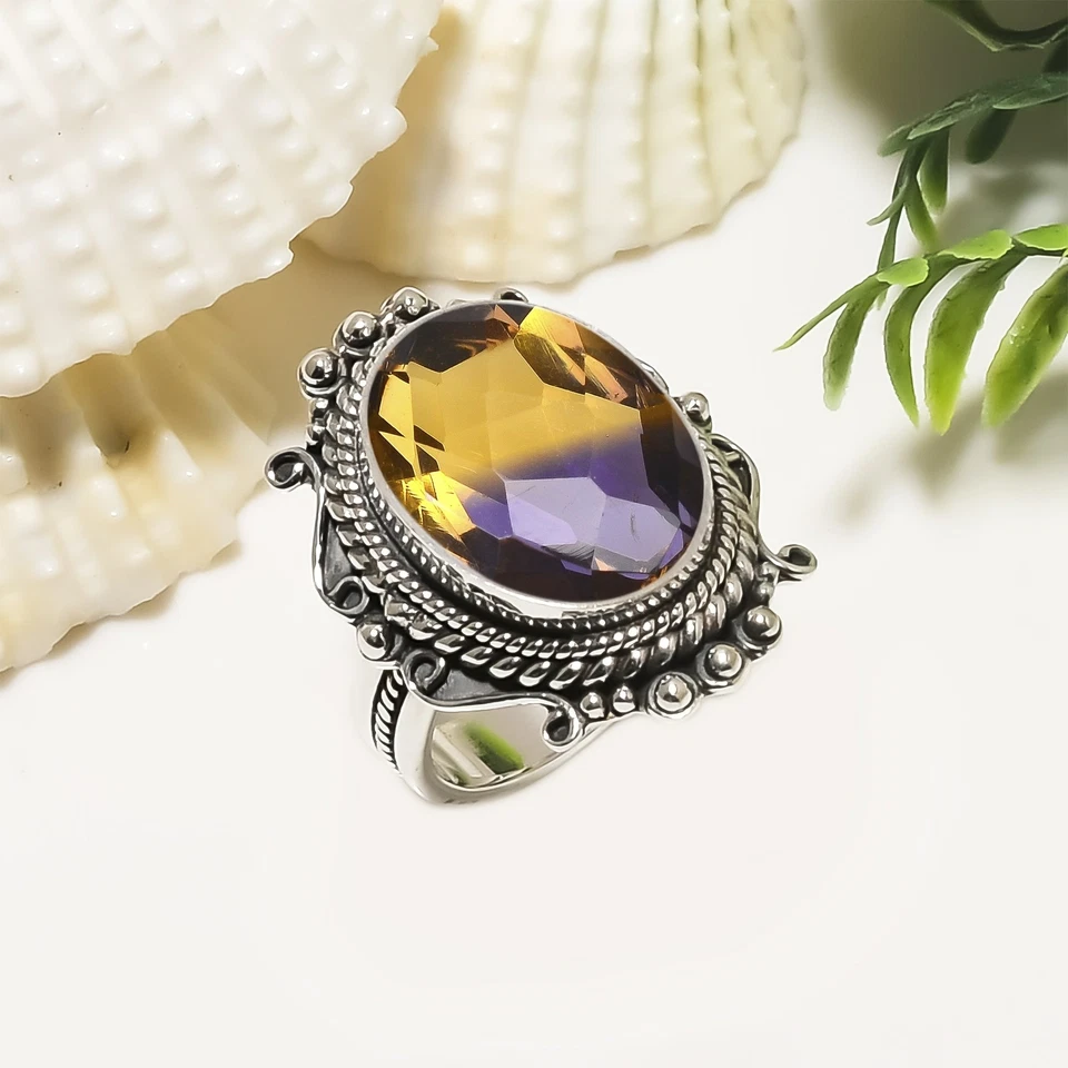 Anillo ajustable de plata de ley 925 maciza con piedras preciosas de ametrino joyería de novia V6503 Foto 1 de 4