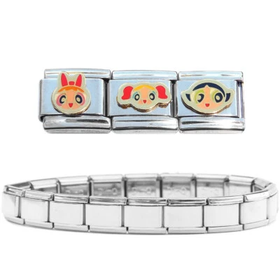 3 dijes italianos Power Puff Girl y pulsera completa de acero inoxidable MIX202 Foto 1 de 2
