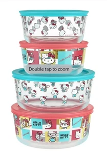 Pyrex Hello Kitty Decorated Glass Food Storage Container 8 Piece Set (NEW) - Picture 1 of 3