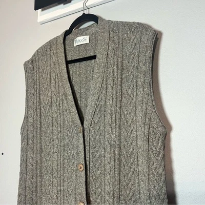 Vintage Button Front Vest Gray Grey Cable Knit Lambswool Blend Medium Oversized - Image 1 of 4