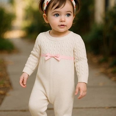 Suéter Cherokee Niñas Mameluco Talla 9 Meses Crema Tejido con Cable Rosa NUEVO Foto 1 de 4