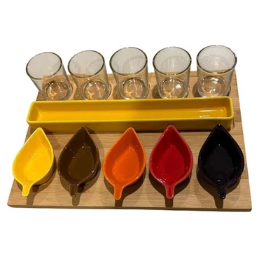 Pier 1 Bamboo Serving Tray Set 5 Leaf Shape Dishes 6 Shot Glasses Yellow Dish - Image 1 of 4