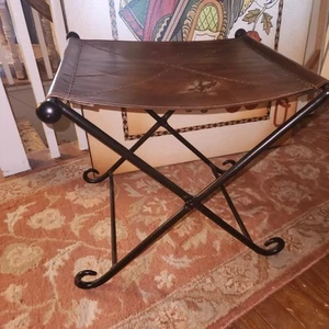 Vtg Antique Leather Saddle Hand Forged Wrought Iron Folding Bench Stool SEE Pic - Picture 1 of 8